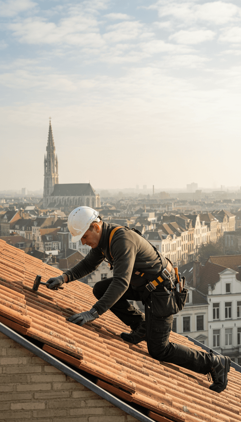 Artisan couvreur inspectant les tuiles d'une toiture à Uccle